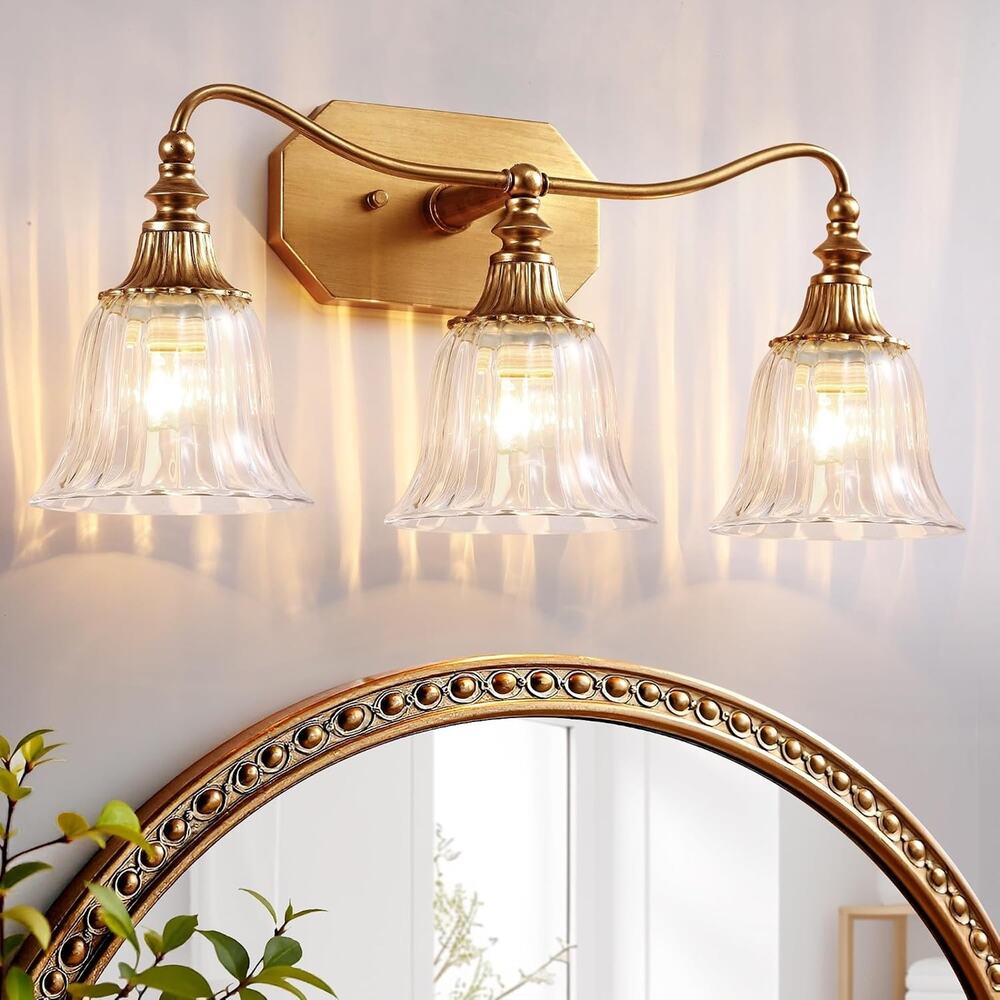 3-Light Crystal Glass Bathroom Vanity Light Gold Modern Wall Sconce Fixture
